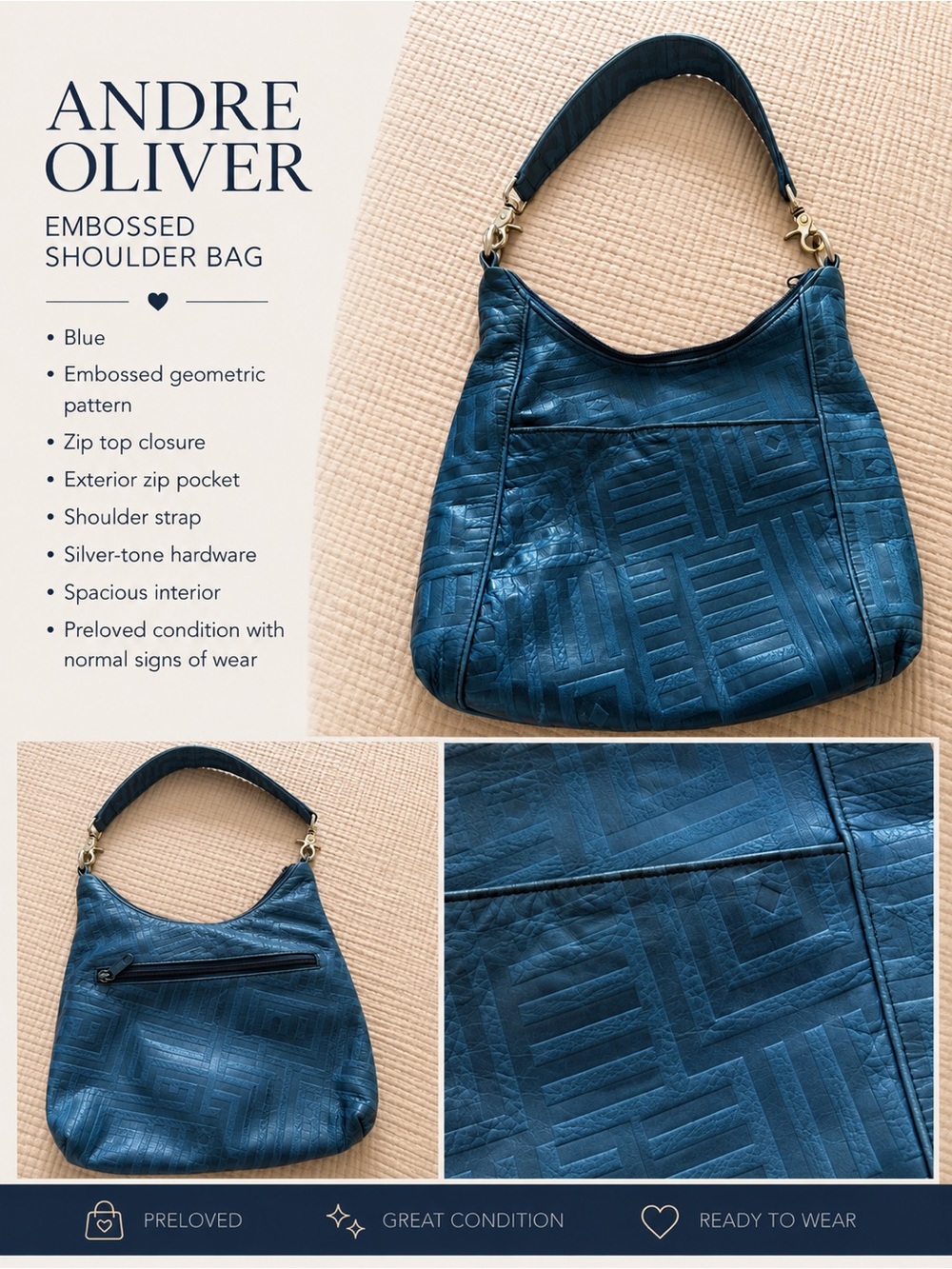 Andre Oliver Teal Embossed Shoulder Bag
